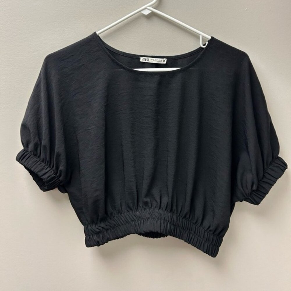 Zara‎ Black Cropped Silk Blouse Top